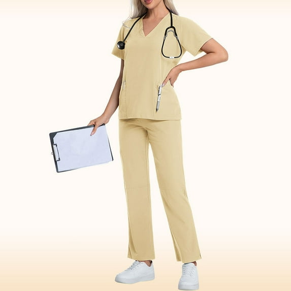 WULMLEO 2 Piece Scrubs Outfits for Women V Neck Soft Comfortable Scrub Sets Petite Short Sleeve Working Nurse Uniform Shirts and Joggers Stretch Casual Medical Nursing Workwear Beige XL
