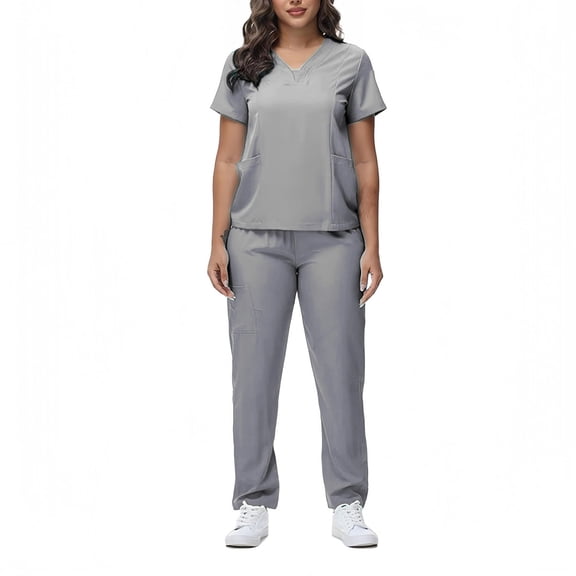 WULMLEO 2 Piece Scrubs Outfits for Women V Neck Stretch Scrub Sets Soft Comfortable Short Sleeve Spring Nurse Uniform Tops and Pants Petite Fashion Medical Nursing Workwear Gray L