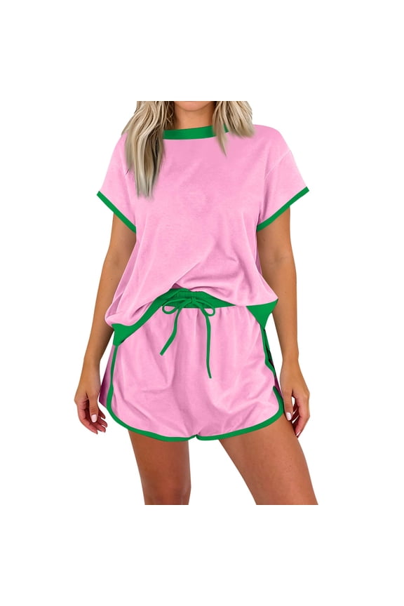 2 Piece Set for Women Beach Vacation Going Out Work Out Basic 2 Piece Outfit for Women Summer Plus Size Funny Wide Leg Drawstring Skort Lounge Spring Dressy Short Sleeve Tops Pink M
