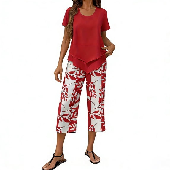WULMLEO 2 Piece Sets Women Beach Summer Funny Work Out Basic 2 Piece Outfit Women Workout Cute Cruise Short Sleeve Tops Lounge Spring Trendy Floral Capris Red XL