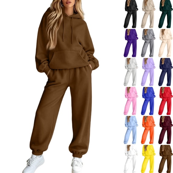 WULMLEO 2 Piece Sets Women Matching Hooded Hoodies and Wide Leg Sweatpants Relaxed Two Piece Set Casual Stretch Travel Tracksuit Set Coffee M