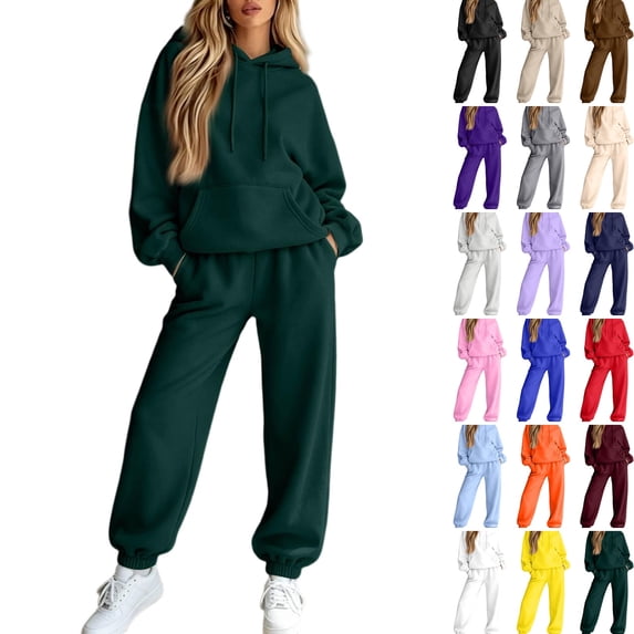 WULMLEO 2 Piece Sets for Women Matching Hooded Sweatshirts and Wide Leg Pants Oversized Sweatsuit Outfits Casual Loungewear Vacation Tracksuit Set Dark Green XL