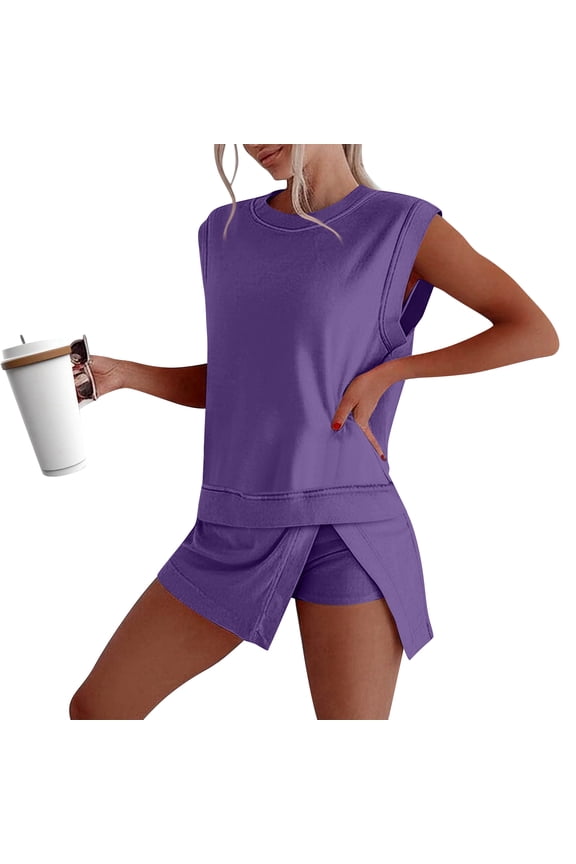 2 Piece Sets for Women Workout Funny Casual Two Piece Outfits Women Summer Fashion Going Out Sleeveless Tank Tops Spring Work Out Trendy Side Split Athletic Skirts with Shorts Purple S
