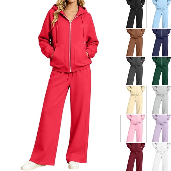 WULMLEO 2 Piece Sets Women Zip Up Hoodie Sweatshirts Pants Casual Tracksuit Outfit Set Red 4XL