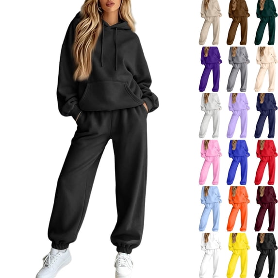 WULMLEO 2 Piece Sets for Women Matching Hooded Hoodies and Wide Leg Sweatpants Loose Fit Tracksuit Set Casual Relaxed Workout Two Piece Set Black L