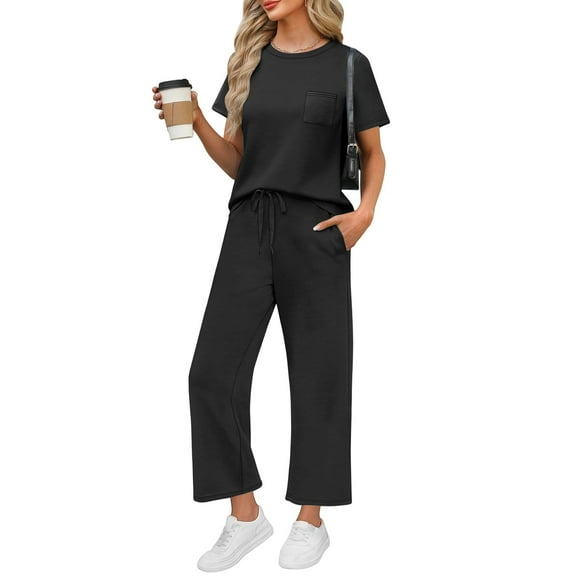 WULMLEO 2 Piece Sets for Women Spring Tops and Pants Cool Short Sleeve Beach Vacation Clothes Summer Crew Neck Travel Matching Outfits Black XL