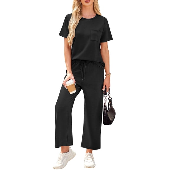 WULMLEO 2 Piece Sets for Women Spring Tops and Pants Travel Crew Neck Beach Vacation Clothes Summer Short Sleeve Cool Lounge Sets Black L