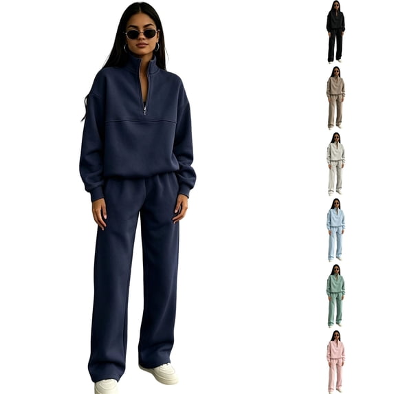 WULMLEO 2 Piece Sweatsuit for Women Fall Lounge Quarter Zip Long Sleeve Tops Wide Leg Palazzo Pants Tracksuit Casual Cozy Outfits Travel Sets Navy XL