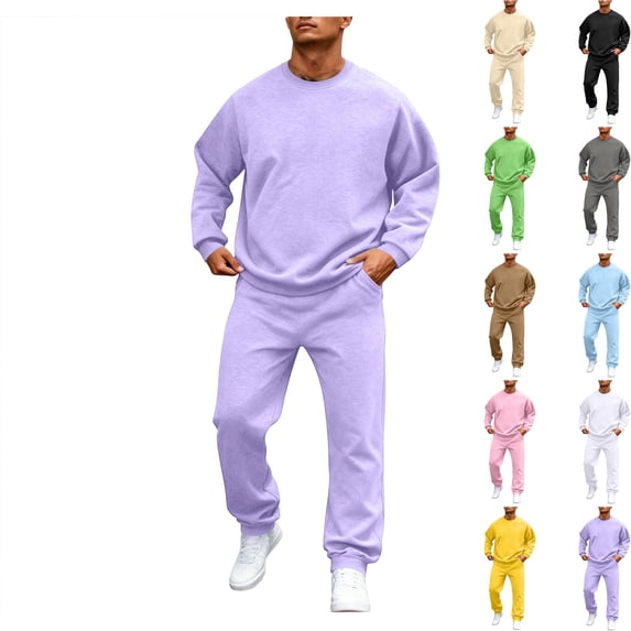 WULMLEO 2 Piece Sweatsuits Men Fall Solid Crew Neck Long Sleeve Sweatshirts Wide Leg Joggers Outfits Set Casual Trendy Sets Trendy Y2k Tracksuit Light Purple 3XL