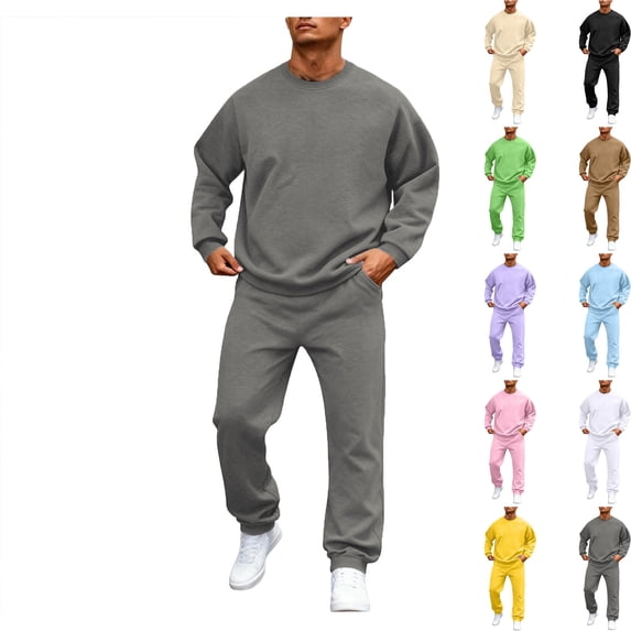 WULMLEO 2 Piece Sweatsuits for Men Fall Solid Crew Neck Long Sleeve Sweatshirts Wide Leg Palazzo Pants Outfits Set Casual Cute Tracksuit Jogging Cozy Sets Gray S