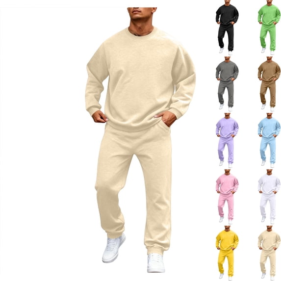 WULMLEO 2 Piece Sweatsuits Men Solid Fall Crew Neck Long Sleeve Tops Wide Leg Sweatpants Sets Casual Lightweight Tracksuit Loose Fit Cute Outfits Set Beige 2XL