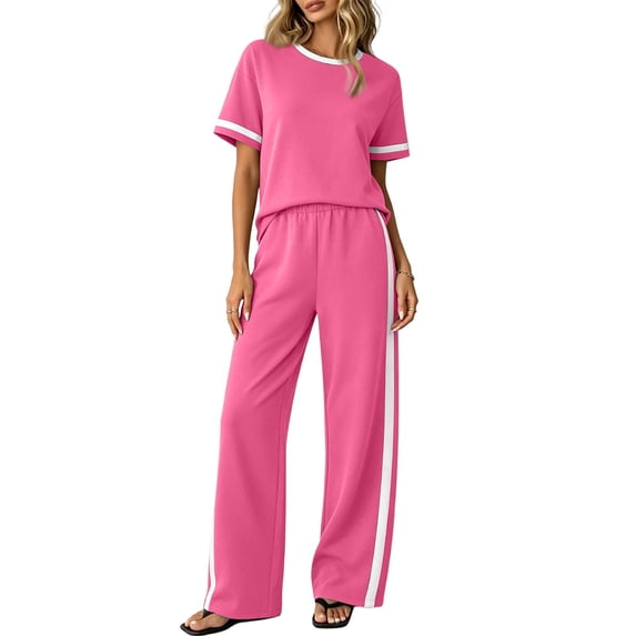 WULMLEO 2 Piece Workout Sets for Women Matching Sets Summer Outfits Resort Wear Short Sleeve Lounge Set Wide Leg Pants with Pockets Pink M