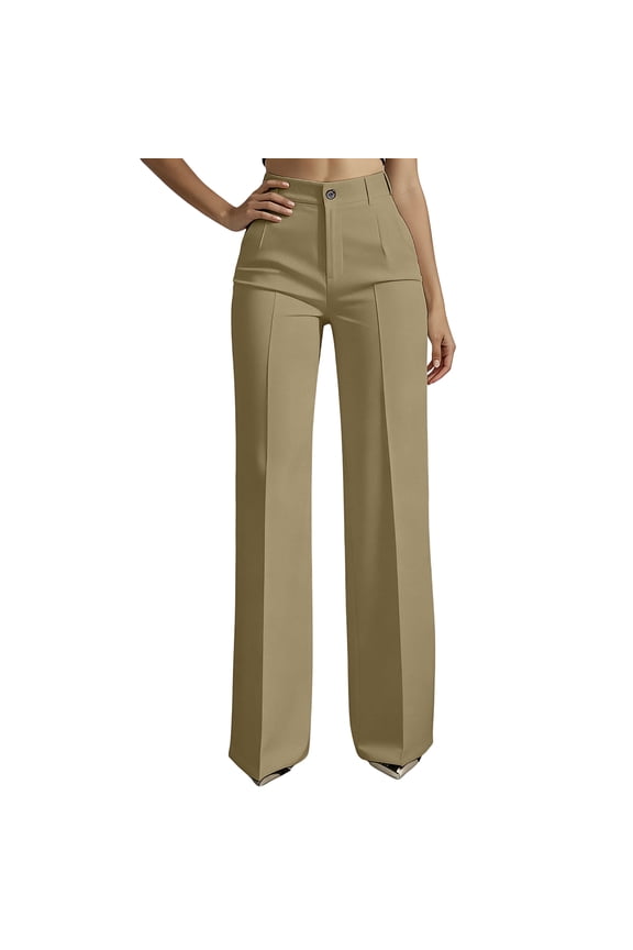 2026 Women's High Waisted Straight Leg Simple Suit Trousers, Classic Business Straight Flowy Suit Pants, Dressy Pants Khaki M