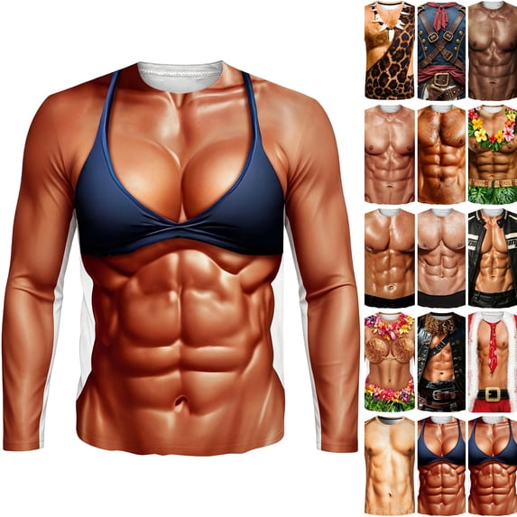 WULMLEO 3D Fake Abs T Shirts Men Crew Neck Fake Muscle Chest Hair Printed Long Sleeve Shirt Complexion 3XL