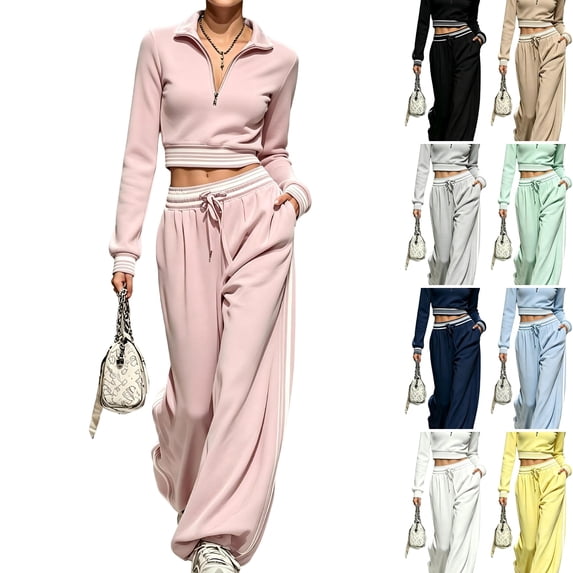 WULMLEO Athletic Tracksuit for Women Long Sleeve Quarter Zip Cropped Top And Wide Leg Pants With Pockets Pink XL