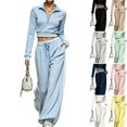 thumbnail image 1 of WULMLEO Athletic Tracksuit for Women Long Sleeve Quarter Zip Cropped Top And Wide Leg Pants With Pockets Sky Blue M, 1 of 7