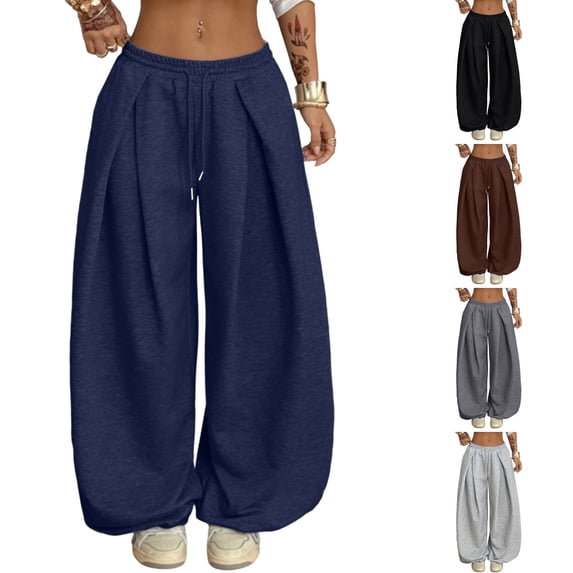 WULMLEO Baggy Wide Leg Pants for Women Elastic Drawstring Waist Casual Sweatpants With Side Pockets Blue XL
