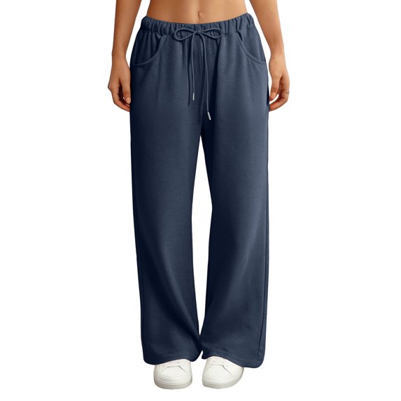 WULMLEO Baggy Wide Leg Sweatpants Women Lightweight Low Rise Sweatpants with Pockets Spring Comfy Yoga Pants Cotton Joggers Dark Blue M
