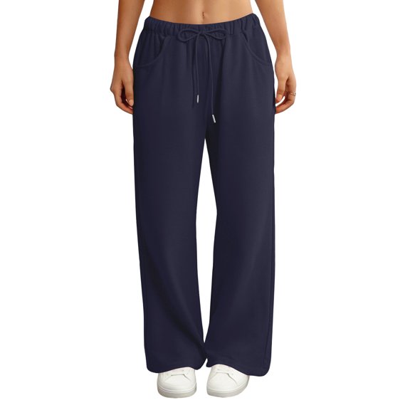WULMLEO Baggy Wide Leg Sweatpants Women Lightweight Low Rise Sweatpants with Pockets Spring Comfy Yoga Pants Cotton Joggers Navy M
