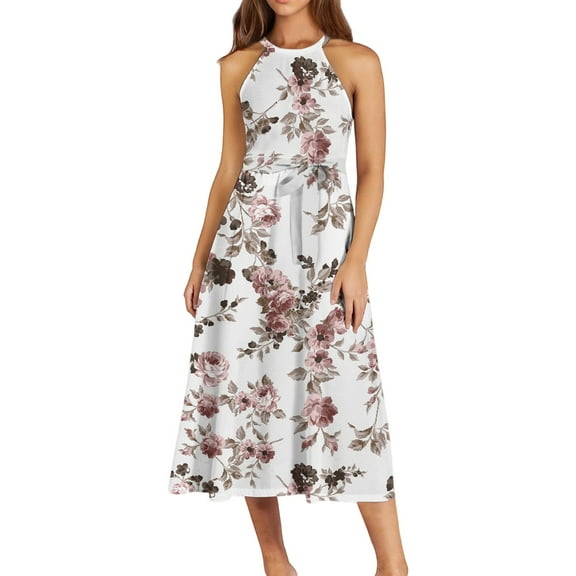 WULMLEO Below The Knee Party Pretty Dresses Ladies Summers Tanks Halter Neck Evening Dresses Women Soft Comfort Beige L