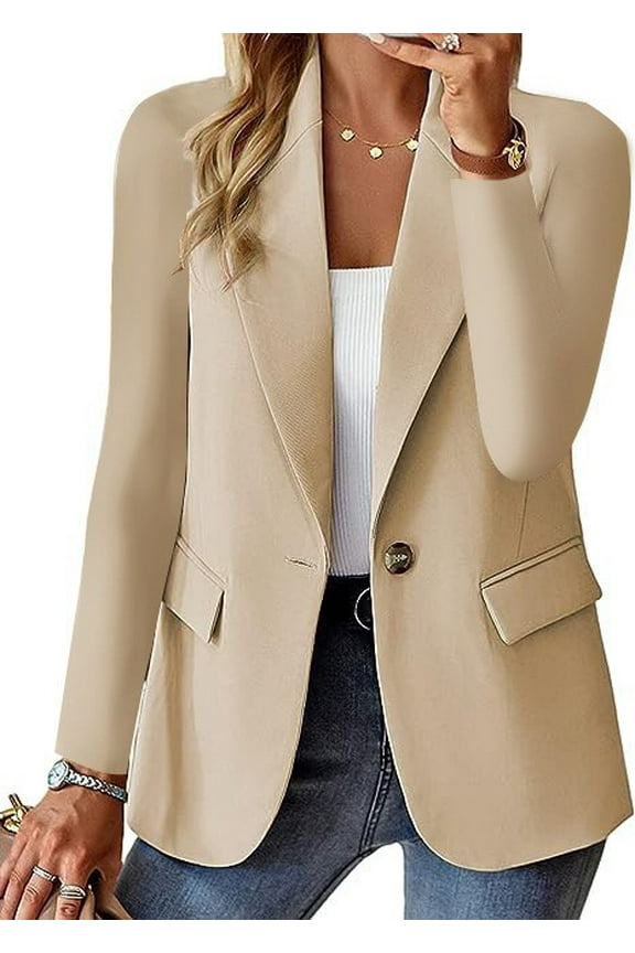 Blazer for Women Long Sleeve Work Office Jackets Button Business Fall Petite Lapel Collar Suits Jacket Dressy Casual Dress Tweed Spring Mujer Clothing Beige S