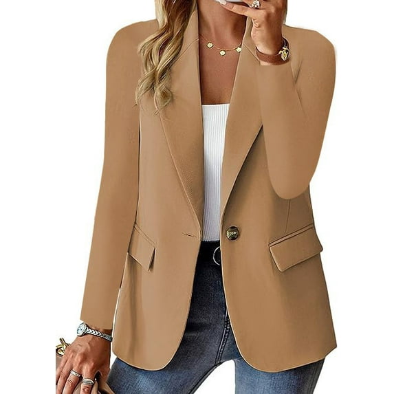 WULMLEO Blazers for Women Dressy Button Office Suits Jacket Business Long Sleeve Trendy Oversized Lapel Collar Blazer Tweed Fashion Professional Work Elegantes Mujer Open Front Khaki M