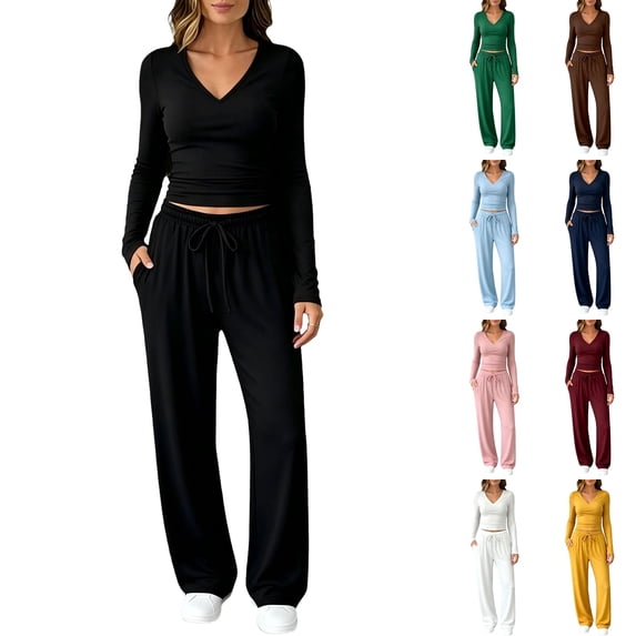 WULMLEO Boho Lounge Sets for Women 2 Piece Fall V Neck Long Sleeve Tops and Wide Leg Palazzo Pants Sweatsuits Casual Comfort Suits Athletic Outfits with Pockets Black S