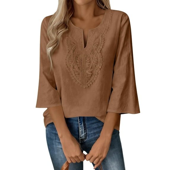 WULMLEO Boho Tops for Women Blouses Dressy Casual V Neck 3/4 Sleeve Shirts Spring Outfits Trendy Vacation Clothes Light Brown 2XL