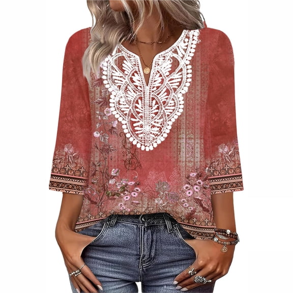 WULMLEO Boho Tops for Women Blouses Dressy Casual V Neck 3/4 Sleeve Shirts Spring Outfits Trendy Vacation Clothes Red S