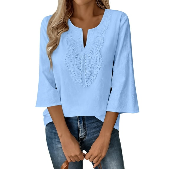 WULMLEO Boho Tops for Women Blouses Dressy Casual V Neck 3/4 Sleeve Shirts Spring Outfits Trendy Vacation Clothes Sky Blue L