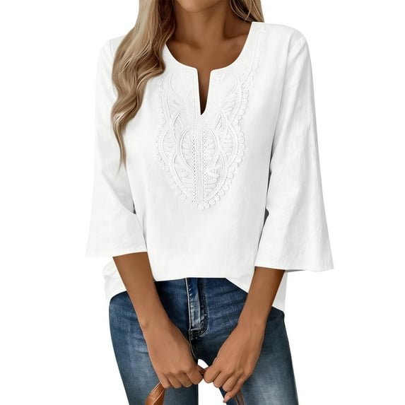 WULMLEO Boho Tops for Women Blouses Dressy Casual V Neck 3/4 Sleeve Shirts Spring Outfits Trendy Vacation Clothes White 2XL