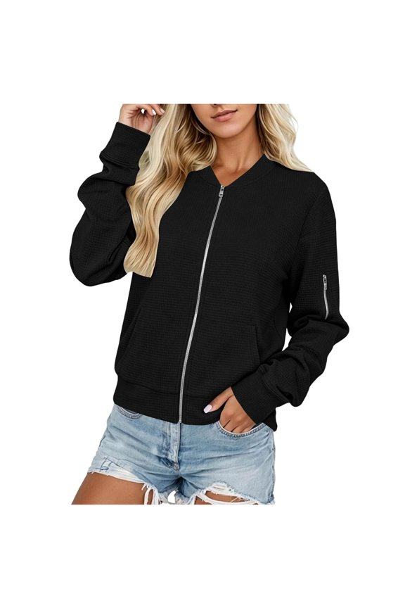 Bomber Jacket for Women Zip Up Long Sleeve Waffle Sweatshirt Jackets Casual Comfy Loose Lightweight Coats with Pockets Black L