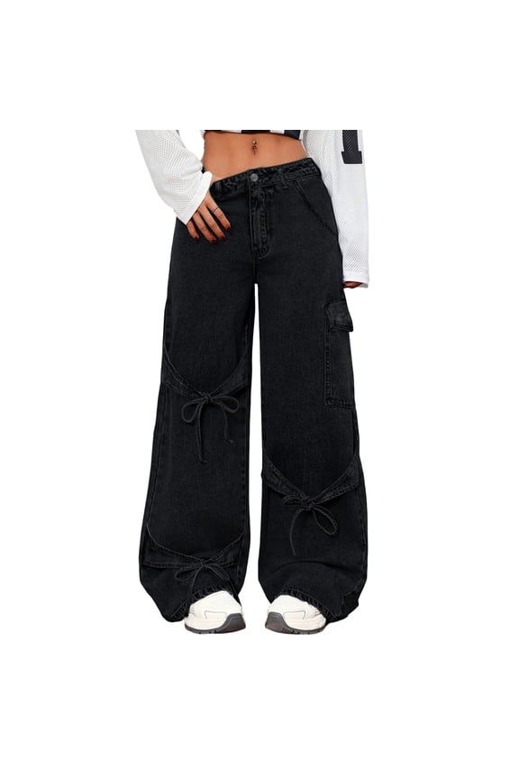 Bow Tie Baggy Jeans for Women Y2K Wide Straight Leg Denim Pants Mid Rise Casual Boyfriend Jeans with Bows Black S