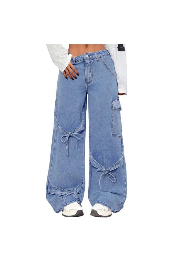 Bow Tie Baggy Jeans for Women Y2K Wide Straight Leg Denim Pants Mid Rise Casual Boyfriend Jeans with Bows Light Blue 2XL