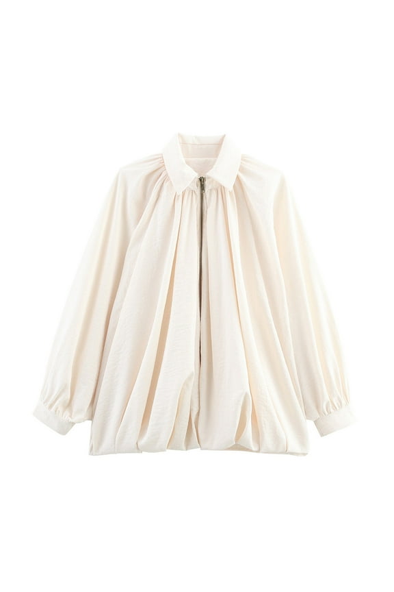 Bubble Hem Jacket, Women's Puff Sleeve Bomber Jacket, Oversized Bat Sleeve Front Zip Up Street Casual Lapel Pleated Shirts Beige L