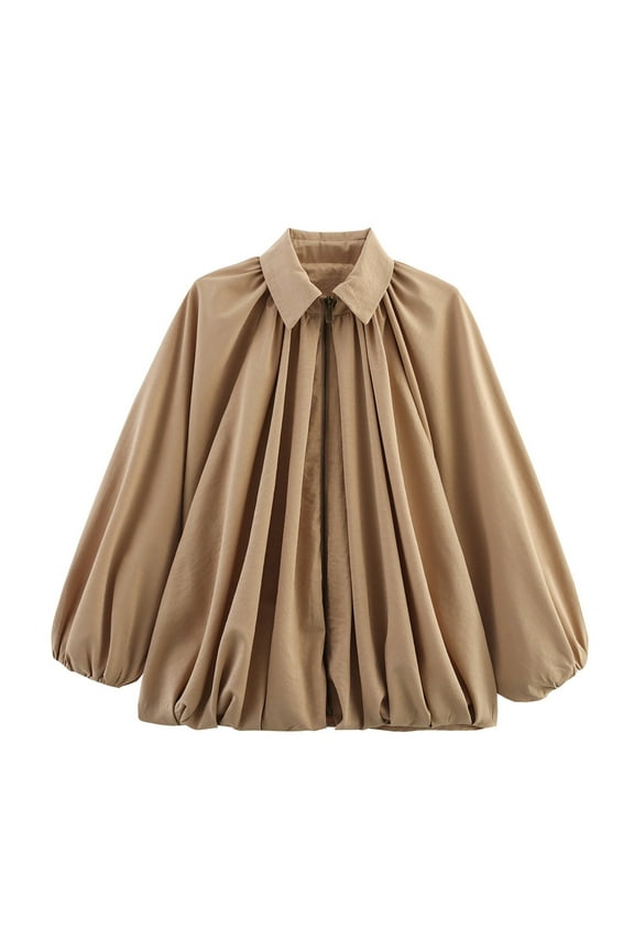Bubble Hem Jacket, Women's Puff Sleeve Bomber Jacket, Oversized Bat Sleeve Front Zip Up Street Casual Lapel Pleated Shirts Khaki L