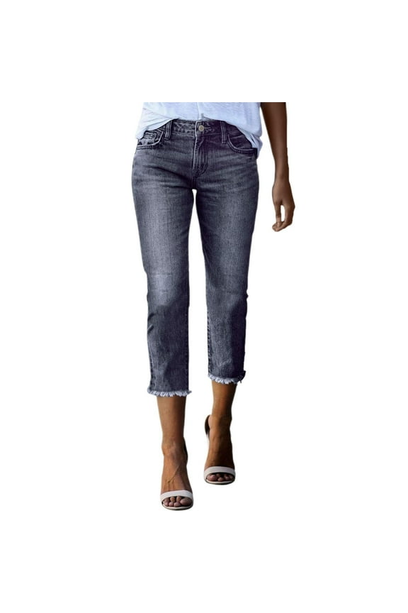 Capri Jeans for Women Hem Mid Rise Skinny Distressed Denim Butt Lifting Jeggings with Pockets Gray M