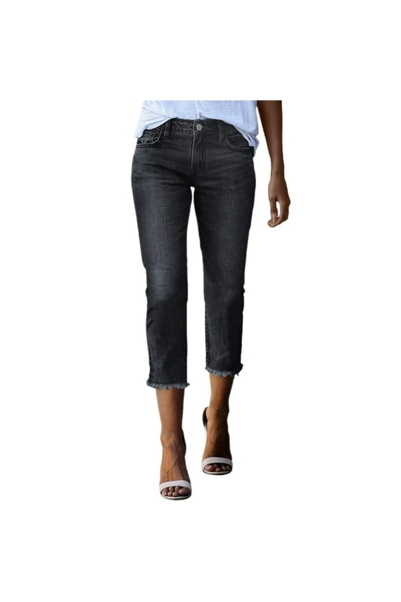 Capri Jeans for Women Hem Mid Rise Skinny Distressed Denim Butt Lifting Jeggings with Pockets Black S