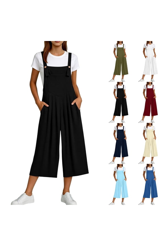 Capri Jumpsuits for Women Dressy Wide Leg Bib Overalls Lightweight Cotton Linen Boho One Piece Summer Rompers Black S