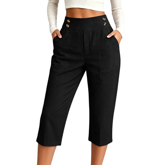 WULMLEO Capri Pants for Women with Pockets Plus Size High Waisted Stretch Cropped Golf Yoga Capris Work Dressy Wide Leg Tousers Black XL
