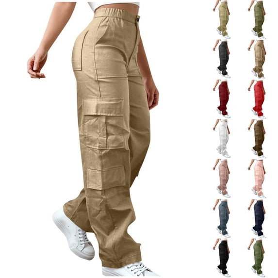 WULMLEO Cargo Pants Women Elastic High Waist Travel Pants Wide Leg Baggy Casual Trousers Hiking Streetwear with Multi Pockets Khaki S
