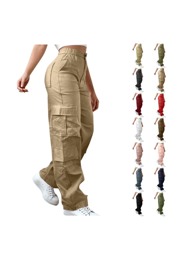 Cargo Pants Women Elastic High Waist Travel Pants Wide Leg Baggy Casual Trousers Hiking Streetwear with Multi Pockets Khaki S