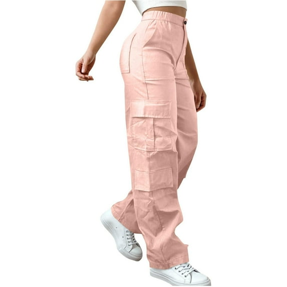 WULMLEO Cargo Pants Women Elastic High Waist Travel Pants Wide Leg Baggy Casual Trousers Hiking Streetwear with Multi Pockets Pink XL