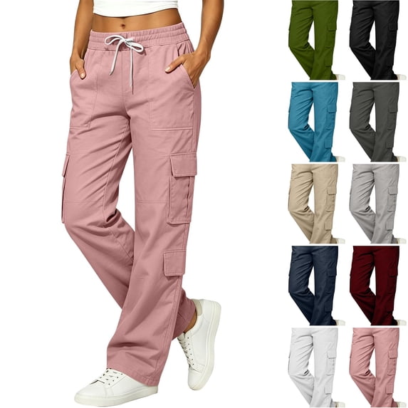 WULMLEO Cargo Pants for Women Wide Leg High Elastic Waist Y2K Pant Fall 2026 Casual Fall Plus Size Hiking Trousers with Pockets Pink 2XL