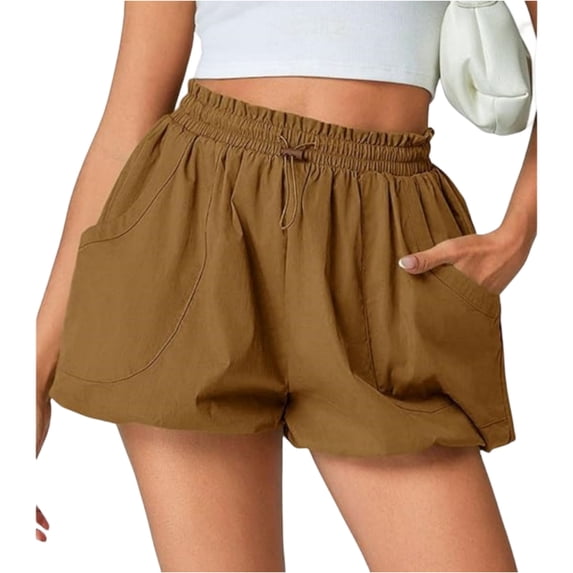 WULMLEO Casual Drawstring Waist Bubble Shorts for Women - High Waist Loose Fit Shorts with Side Pockets, Breathable Fabric for Everyday & Vacation Brown S