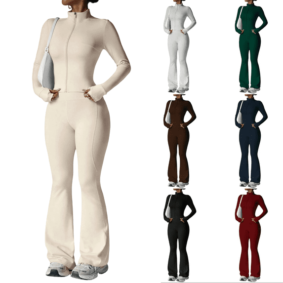 WULMLEO Casual Fall Outfits for Women Solid Color Full Zip Up Jacket Matching Bell Bottom Pants Set Beige S