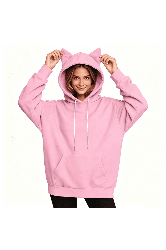 Cat Ear Hoodies for Women Round Neck Long Sleeve Sweatshirts Kawaii Anime Print Hooded Sweater Cute Tops Pink L