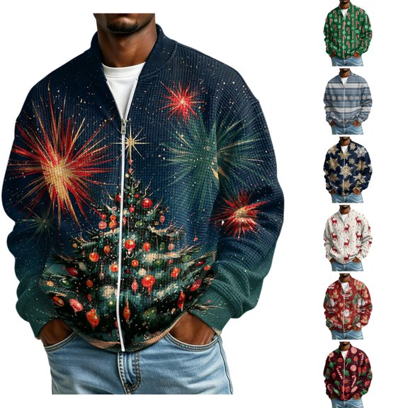 WULMLEO Christmas Loose Fit Full Zip Bomber Jackets For Men Snowflake Graphic Waffle Knit Sweatshirts Winter Daily Outerwear Dark Green M