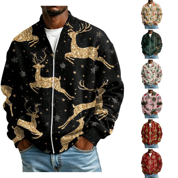WULMLEO Christmas Loose Fit Zip Up Bomber Jackets For Men Snowflake Graphic Waffle Knit Jacket Winter Daily Outerwear Navy XL