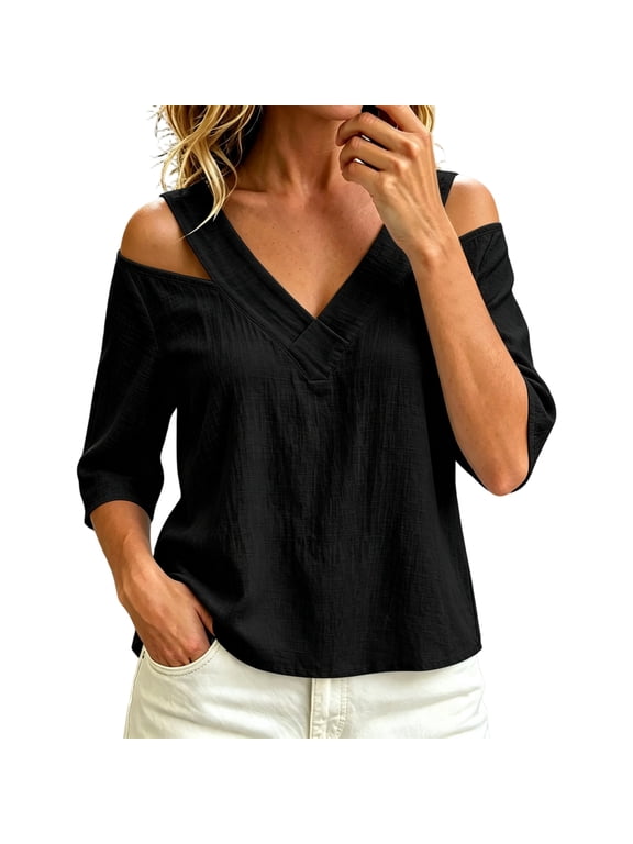 Cold Shoulder Tops for Women Casual Deep V Neck 3/4 Sleeve Linen Shirts Loose Fit Summer Vacation Blouses Black XL